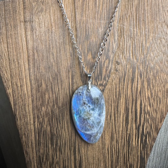 Labradorite Teardrop Pendant Necklace - Long Stainless Steel Chain - Blue Flash - Picture 4 of 13